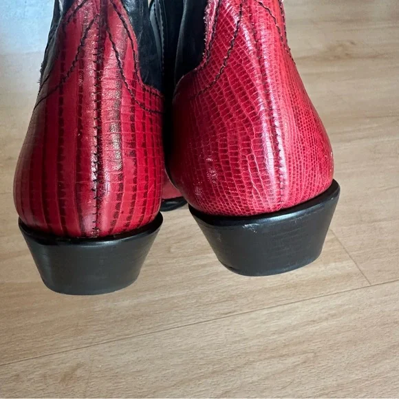 Vintage Nine West Genuine Leather Red Black White Cowboy Boots Lizard Print - Picture 3 of 10